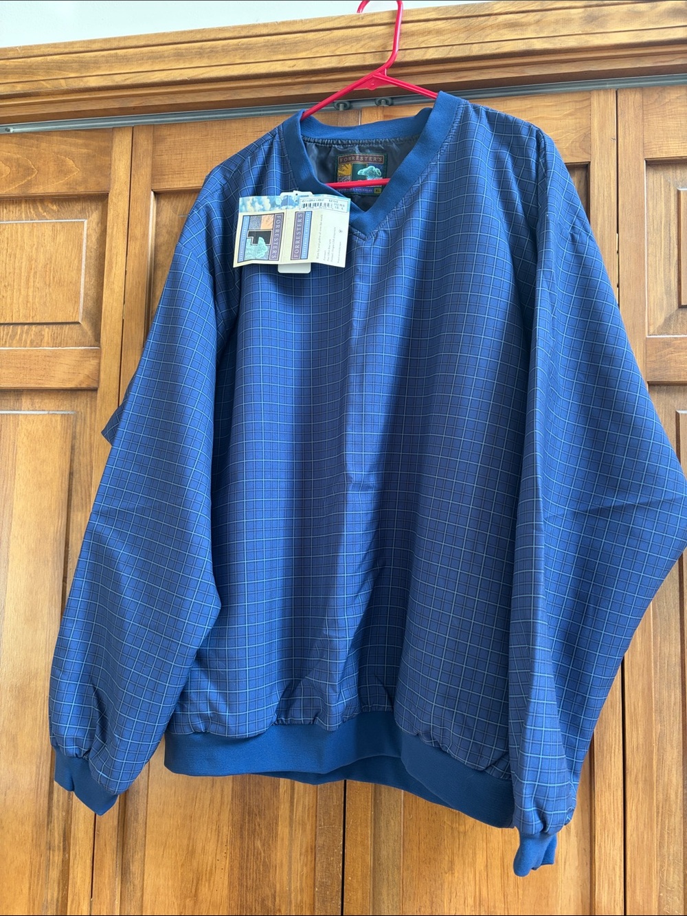 Men's Blue Plaid Lightweight Windbreaker Pullover - V-Neck